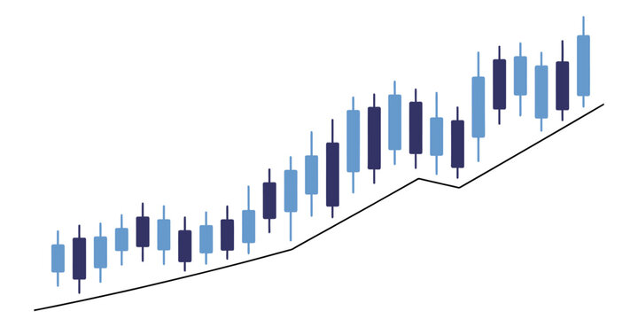 Blue candlestick chart showing rising stock market price trends with a support line for financial trading and investment analysis in a flat vector style Vector, illustration