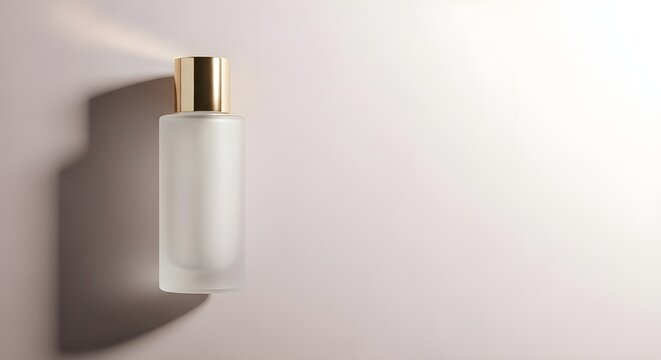 Elegant frosted glass bottle mockup with gold cap and soft side shadow