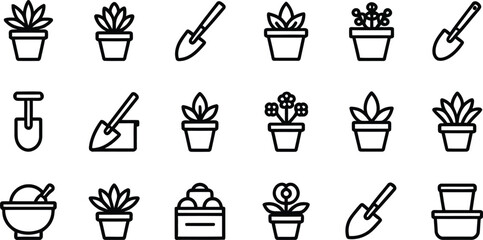 Gardening and plant care line icon set with potted flowers shovels trowel and plants isolated on white background vector illustrationGardening and plant care line icon set with potted flowers shovels  © MdAnowar