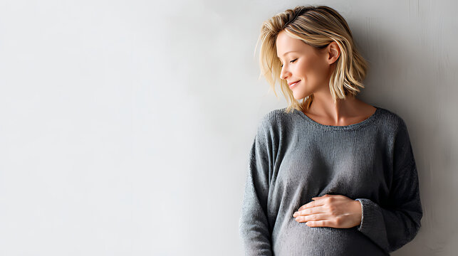 Beautiful young blonde woman, future mother touching belly at third trimester showing love and care to baby standing at white wall. Pregnant, maternity and prenatal. Isolated web banner, copy space