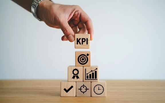 Strategic business growth and performance achievement with key performance indicators represented by wooden blocks
