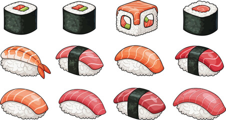 Traditional Japanese sushi vector set with maki rolls nigiri salmon tuna and shrimp variants isolated on white background. © MdAnowar