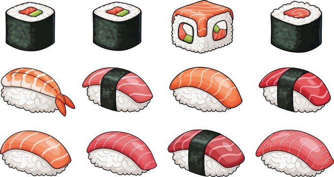 Traditional Japanese sushi vector set with maki rolls nigiri salmon tuna and shrimp variants isolated on white background.