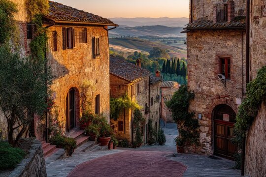 A stone street in San Gimignano winds through old buildings toward a sweeping Tuscan valley view, glowing in warm golden hour light.