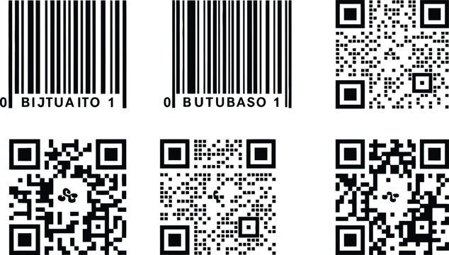 Barcode and QR code vector icon set representing digital scanning identification and quick response matrix codes isolated on white backgroundBarcode and QR code vector icon set representing digital sc
