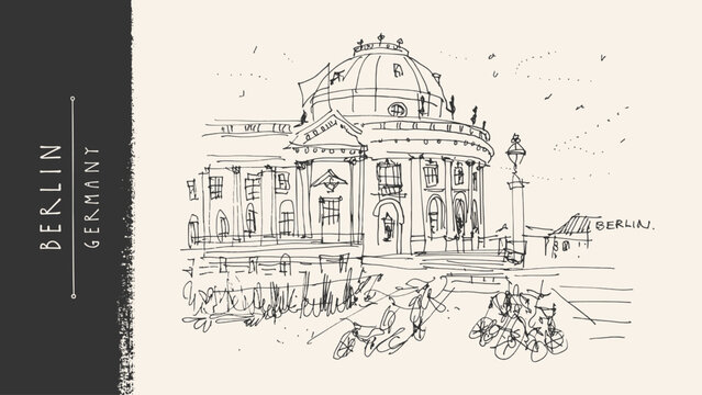 Berlin, Germany sketch postcard. Museum Island (Museumsinsel), river Spree, Bode building. Old European city architecture. Handdrawn vector illustration. Vintage monochrome travel retro ink art poster