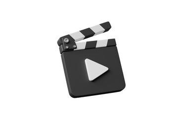 Fototapeta premium 3d movie clapperboard icon. video production play concept. black film clapper with white play button. isolated on white transparent background. 3d render.