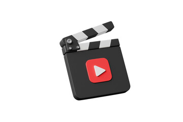 Fototapeta premium 3d movie clapperboard icon. video production play concept. black film clapper with white play button. isolated on white transparent background. 3d render.
