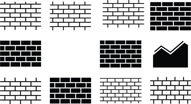 Brick wall line and solid icon set featuring running bond patterns masonry construction blocks and broken wall vector illustrationBrick wall line and solid icon set featuring running bond patterns mas