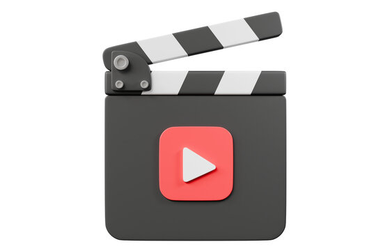 3d movie clapperboard icon. video production play concept. black film clapper with white play button. isolated on white transparent background. 3d render.
