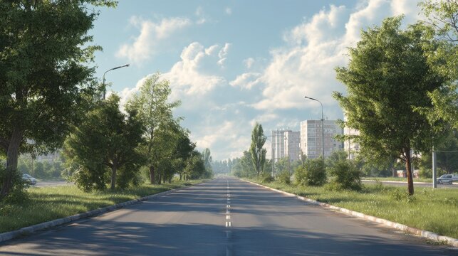 Urban street featuring asphalt road and green lawns, realistic lighting and textures with cloudy sky overhead.
