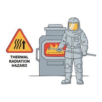 Industrial worker in protective gear at furnace machine