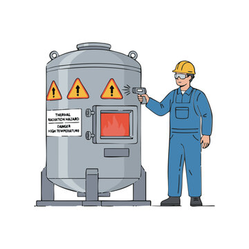 Worker measuring furnace heat with digital thermometer