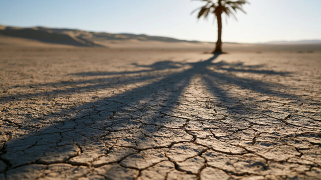 Palm tree casting shadow on cracked dry earth in arid desert. Extreme heatwave and severe drought concept. Global climate change and environmental disaster landscape illustration.