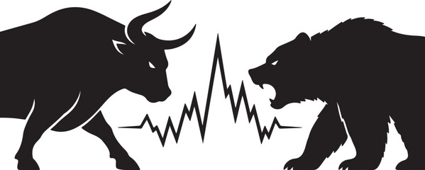 Bull and Bear Facing Each Other with Stock Market Graph – Financial Market Volatility Silhouette Vector © Jaber
