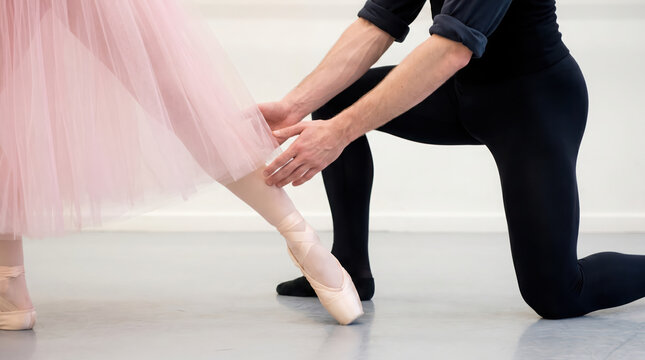Closeup of ballet dancers training in studio.