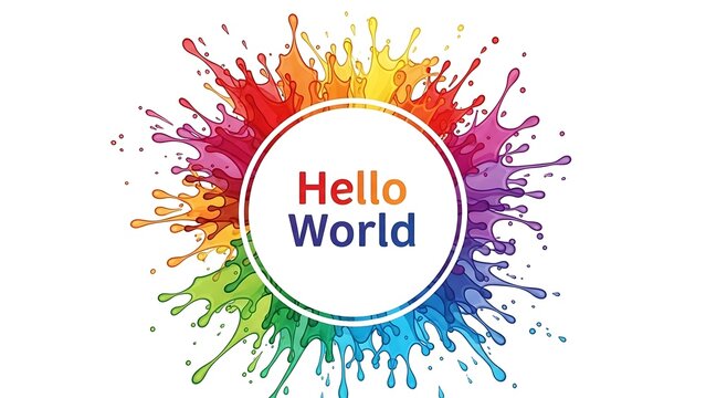 Vibrant Hello World colorful paint splatter.