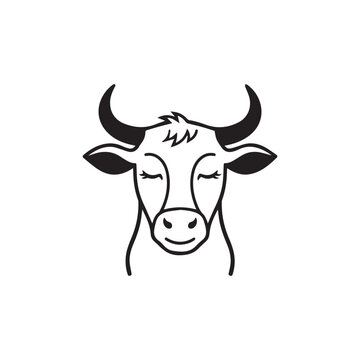Minimalist cow head icons, black and white cattle silhouettes, set of 6 livestock vector symbols for dairy farm branding and organic meat logos