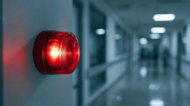Red security alarm light glowing in a dark hospital corridor. Emergency fire notification system on building wall. Safety alert signal in public space for evacuation and warning.
