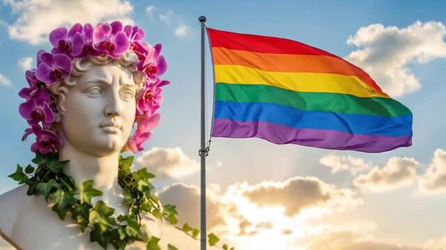 Classical marble bust wearing floral crown beside a waving rainbow flag against a sunset sky, representing pride, diversity, equality, history, and inclusivity