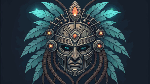 Cybernetic shaman mask with mechanical cables and glowing blue eyes on dark background with turquoise feathers
