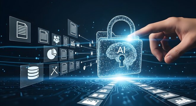 Artificial intelligence AI security concept with a glowing padlock and human finger touching it, digital data, futuristic technology
