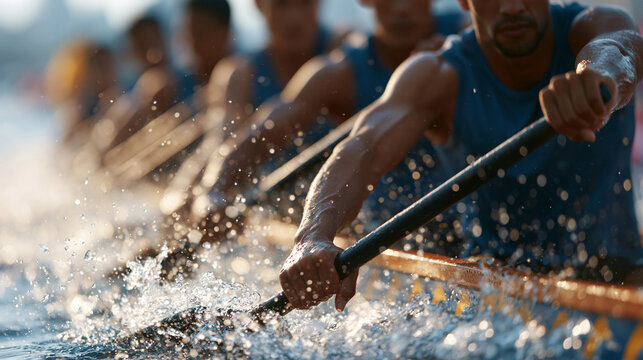 Group of men rowing dragon boat on water. Athlete paddlers competing in traditional race during Dragon Boat festival. Energetic teamwork, power, stamina and intense physical activity.