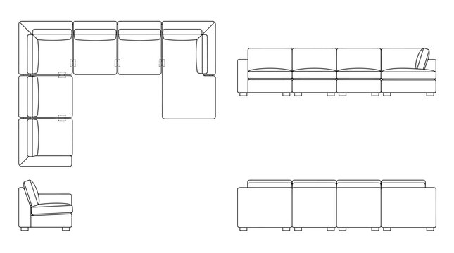 Sectional sofa furniture technical drawing blueprint with front side back and top views CAD line art vector illustration