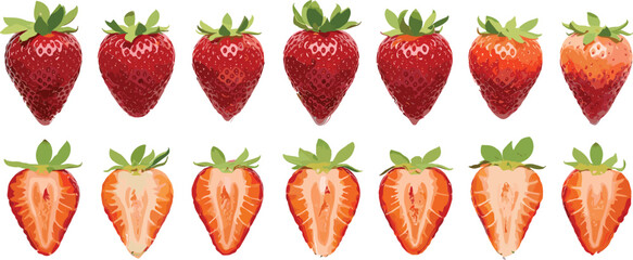 Healthy sweet strawberry fruit elements collection with whole and sliced red berry halves for food recipe dessert layout and product packaging design. © Hosneara