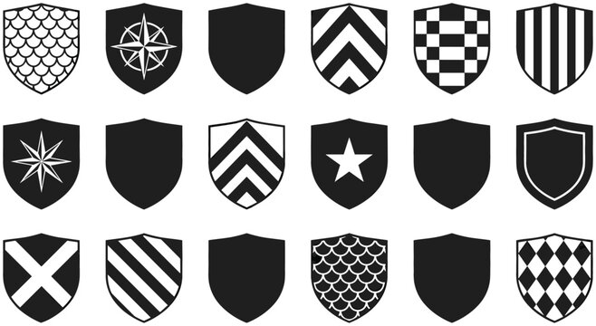 Heraldic shield icon vector set featuring black and white medieval crests coats of arms protective badges with checkered stripes scales stars and geometric patterns.