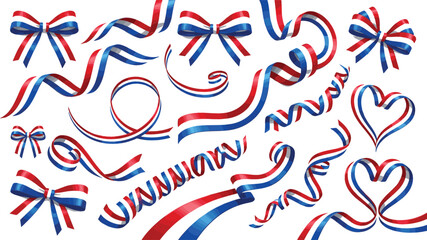 Patriotic red white and blue ribbon elements collection with satin gift bows curled streamers and decorative swirls for France or Netherlands celebration design. © Hosneara