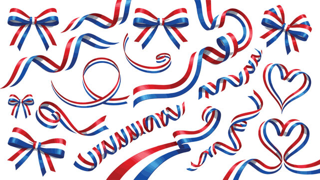 Patriotic red white and blue ribbon elements collection with satin gift bows curled streamers and decorative swirls for France or Netherlands celebration design.