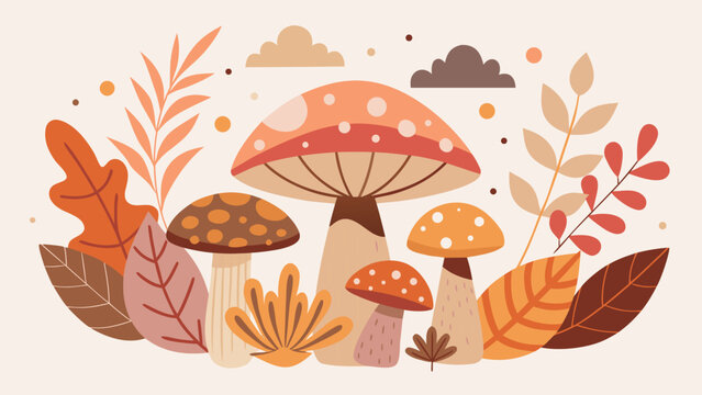 Autumn forest composition with group of stylized mushrooms and fall leaves on light background