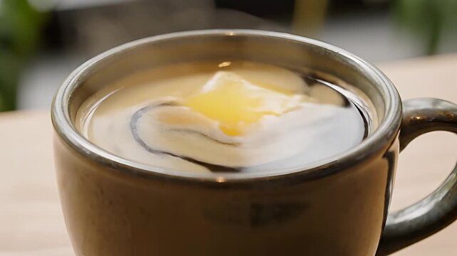 Adding a cube of butter to hot coffee for a creamy beverage.