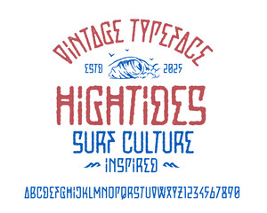 Surf inspired alphabet typeface with distressed lettering and coastal beach culture vibes. Perfect for surf brands, beachwear, posters, apparel and ocean themed typography projects. © tortugin