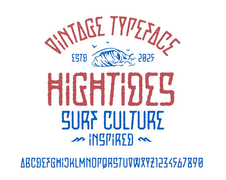 Surf inspired alphabet typeface with distressed lettering and coastal beach culture vibes. Perfect for surf brands, beachwear, posters, apparel and ocean themed typography projects.