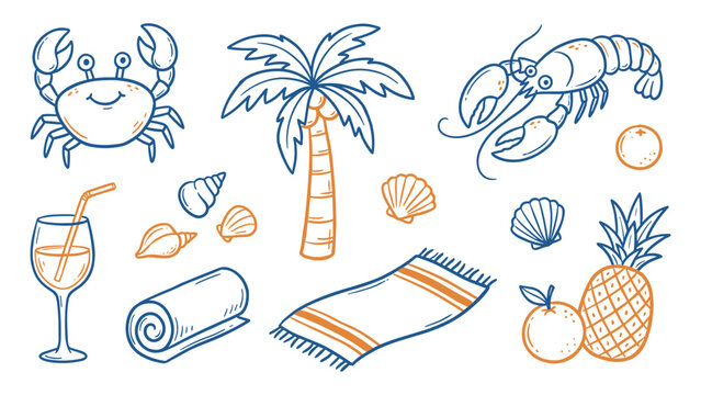 Beach icons vector illustration of tropical seaside elements for summer
