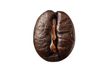 Naklejka premium Coffee bean macro capturing detail of roasted texture and central groove, isolated for beverage ingredient concept