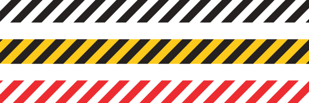 Warning tape stripe set, yellow red and black diagonal caution lines for hazard danger safety construction and industrial warning designs.