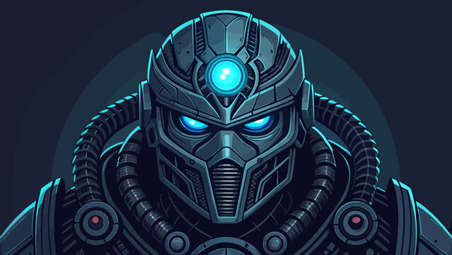 Futuristic mech warrior with neon blue eyes in metallic armor and glowing helmet cybernetic face
