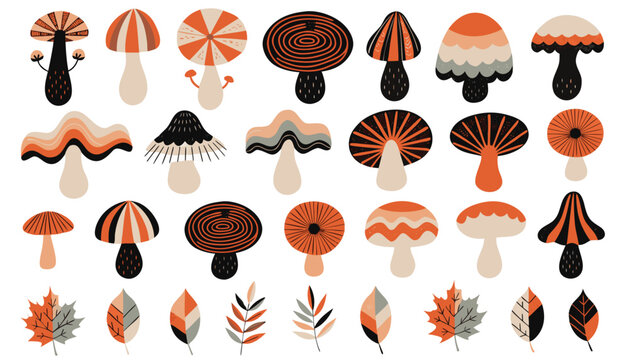 Abstract psychedelic mushroom and fall leaf collection in terracotta and black tones