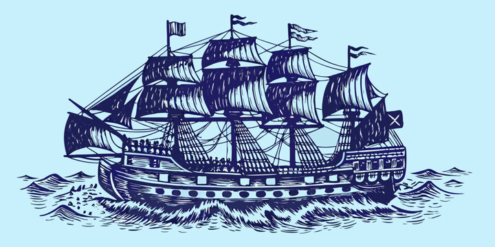 historic sailing ship illustration with waves and flags