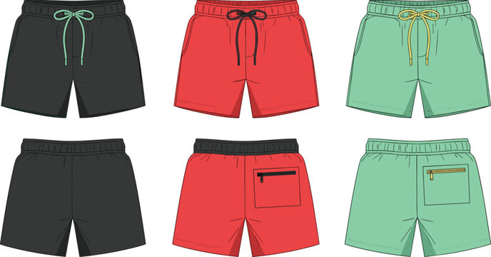 Men&rsquo;s swim shorts vector illustration set with drawstring waist, pockets, and front back views