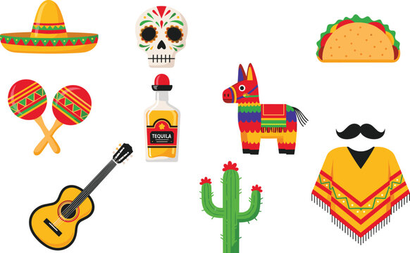 Mexican fiesta vector illustration set with sombrero, sugar skull, taco, maracas, tequila, guitar, cactus, and poncho