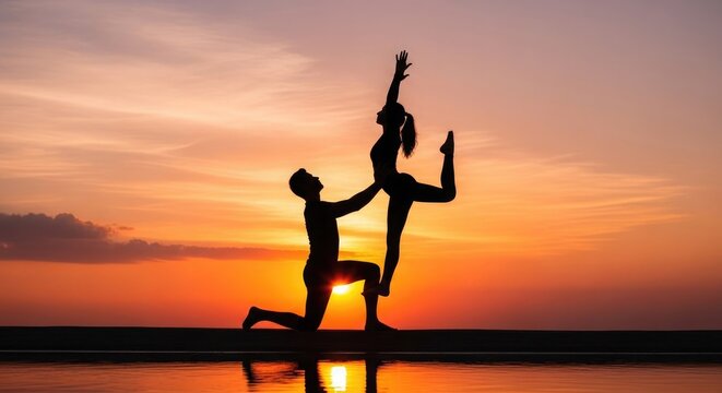 Couple in love practicing acro yoga at sunset