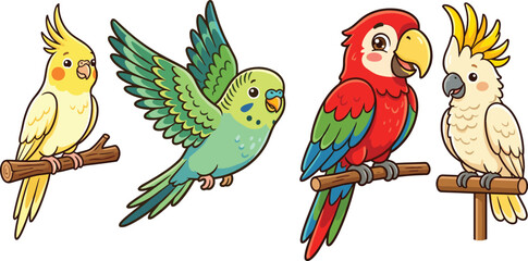 Adorable exotic pet birds cartoon character collection with colorful green parakeet red scarlet macaw crest cockatiel and white cockatoo on wooden perches. © Hosneara