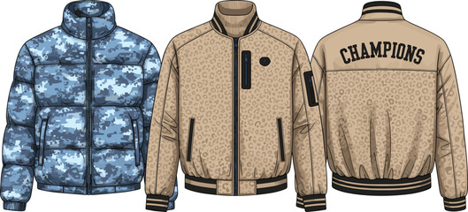 Men’s bomber and puffer jacket vector illustration set with camouflage, leopard print, zipper, pockets, and back view © Prodip