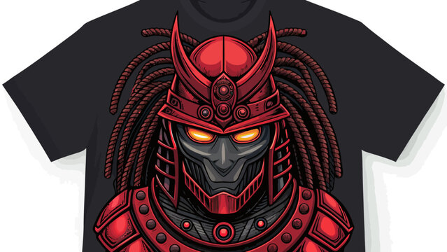 Cyber samurai head t shirt graphic with glowing red visor and futuristic armor design