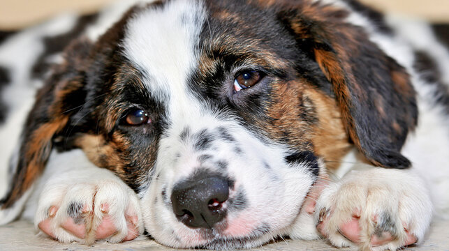 Close-up of a cute merle australian shepherd puppy resting its head on its paws with adorable