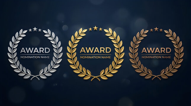 Golden, silver and bronze laurel wreath award icons, luxury trophy nomination emblems with stars, elegant metallic prize symbols for achievement isolated on White Background
